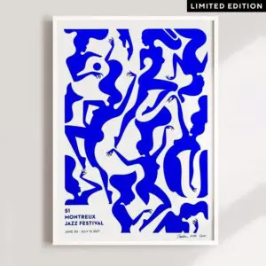 A limited edition "Poster Malika Favre, 2017, Blue" features abstract blue dancing silhouettes on white for the 51st Montreux Jazz Festival, held June 30–July 15, 2017.