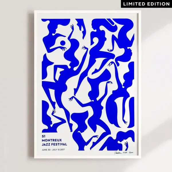 A limited edition "Poster Malika Favre, 2017, Blue" features abstract blue dancing silhouettes on white for the 51st Montreux Jazz Festival, held June 30–July 15, 2017.