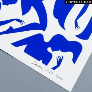 A close-up of Poster Malika Favre, 2017, Limited Edition Blue shows abstract blue human figures on white paper, with the edition number and artist’s signature visible at the bottom.
