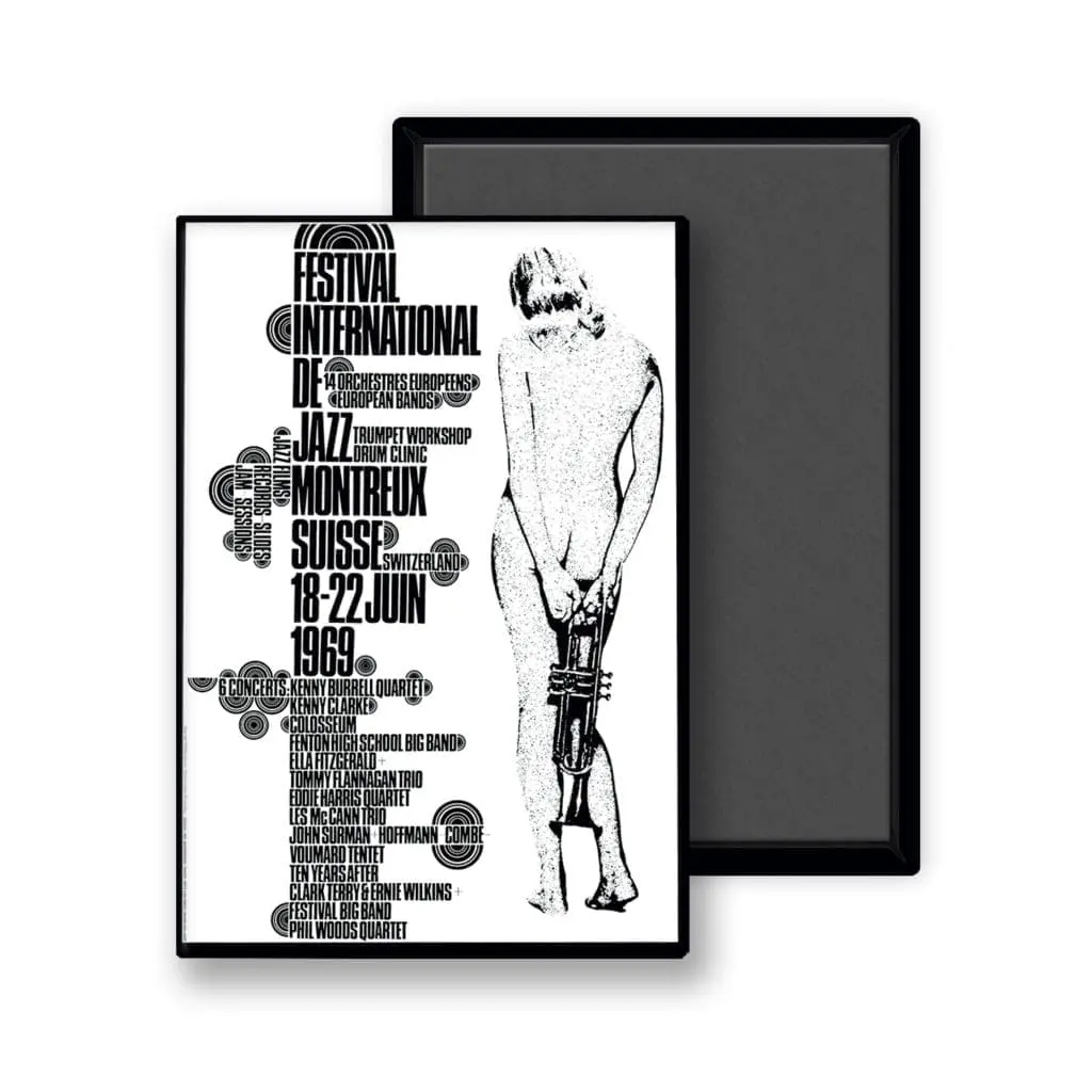 L'aimant noir et blanc "Eric Wondergem, 1969" présente un texte abstrait et un personnage nu stylisé avec une trompette, ainsi que des détails sur l'événement et des noms d'artistes dans le style emblématique de l'affiche du Festival de jazz de Montreux.