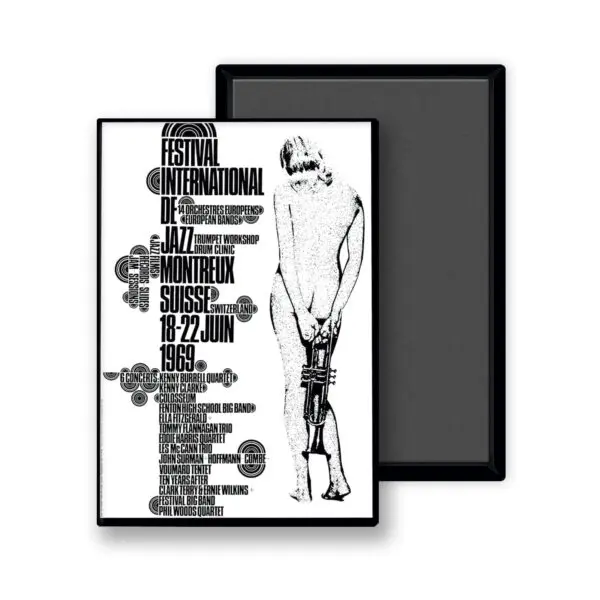 L'aimant noir et blanc "Eric Wondergem, 1969" présente un texte abstrait et un personnage nu stylisé avec une trompette, ainsi que des détails sur l'événement et des noms d'artistes dans le style emblématique de l'affiche du Festival de jazz de Montreux.