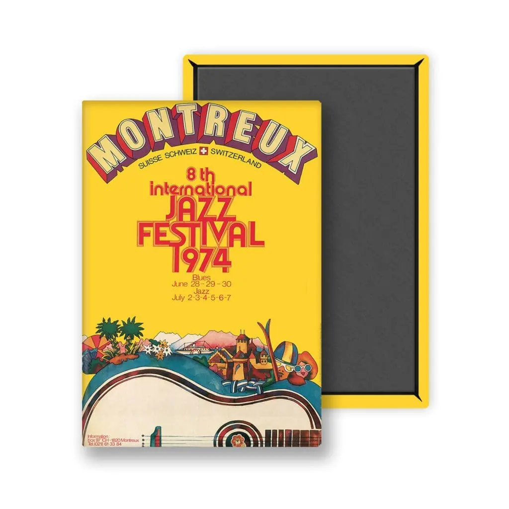 Une affiche vibrante pour Magnet Bruno Gaeng, 1974, présente un texte en gras, une guitare colorée, des montagnes et des musiciens, avec les dates du festival affichées sur un fond jaune vif.