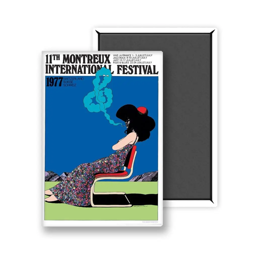 Le Magnet Milton Glaser, 1977 présente une affiche vibrante du Festival de Montreux avec une femme en robe à fleurs sur une chaise, exhalant une fumée bleue, des montagnes derrière elle, et un texte noir en gras au-dessus.