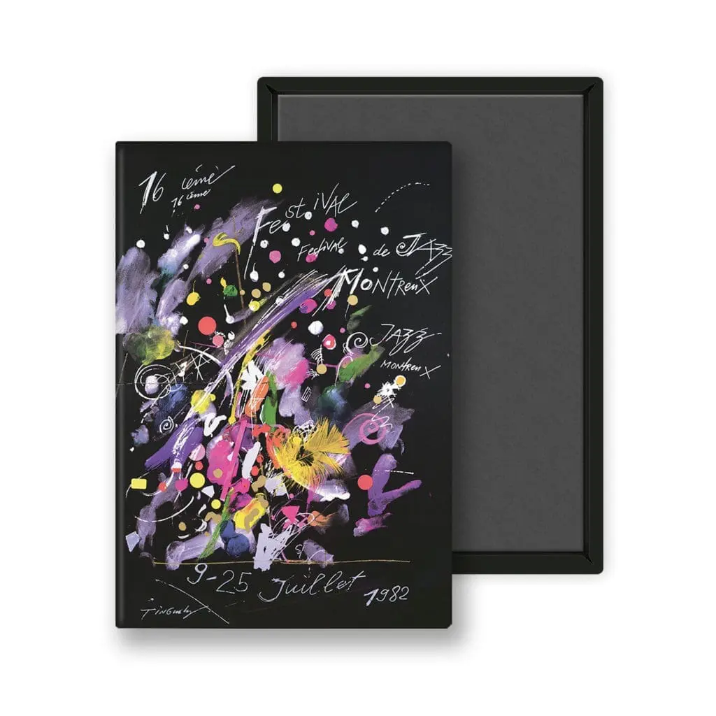 Une couverture de carnet abstraite vibrante avec des éclaboussures violettes, jaunes, roses et blanches, des dates de festival écrites à la main pour juillet 1982 et une boîte noire unie - aimant Jean Tinguely, style 1982.
