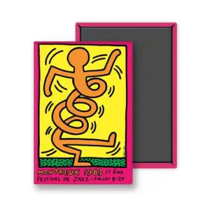 Le Magnet Keith Haring, 1983 - Pink représente la figure dansante emblématique de Haring dans des couleurs vives, célébrant le Festival de Jazz de Montreux 1983, avec les détails de l'événement affichés en bas.