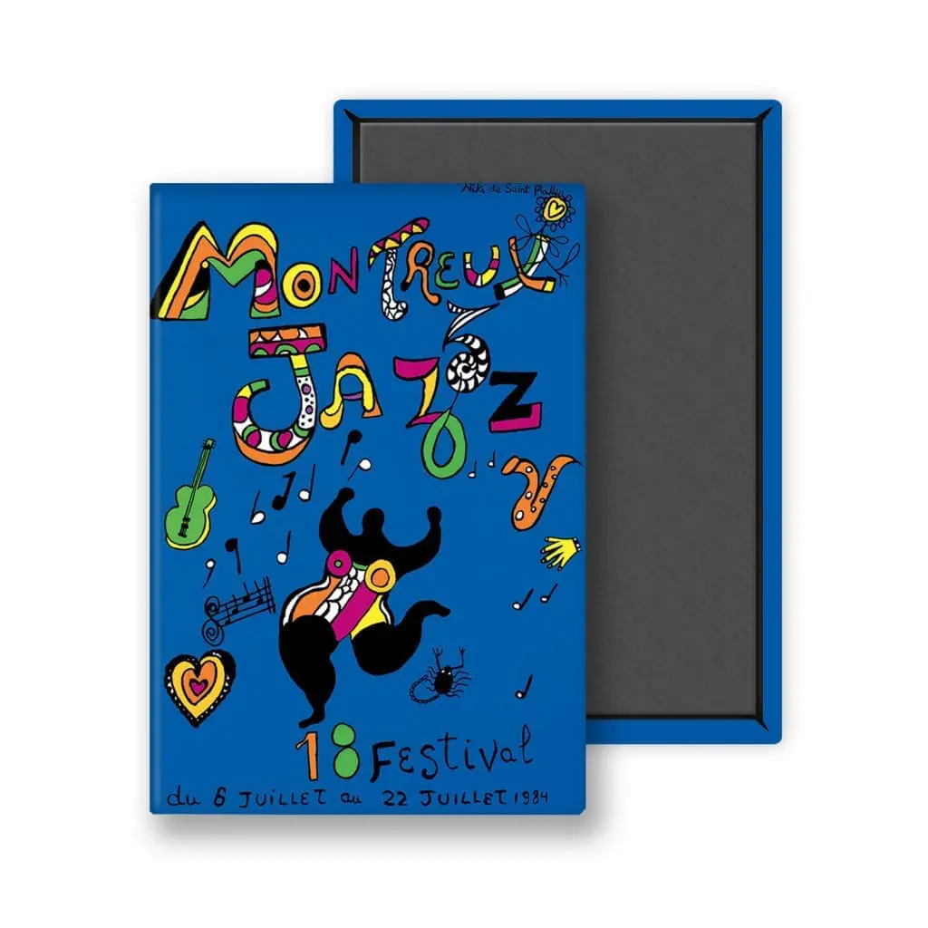 L'aimant Niki de Saint Phalle, 1984 présente des dessins d'instruments ludiques et abstraits et des formes vibrantes sur fond bleu, inspirés de l'affiche du Montreux Jazz Festival 1984. Les dates et les détails de l'événement apparaissent en bas, ce qui en fait un véritable aimant visuel.