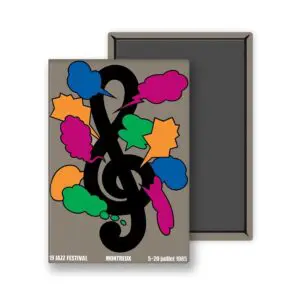 Le Magnet Shigeo Fukuda, 1985 présente une clé de sol noire de Fukuda, accentuée par des bulles colorées et "19 Jazz Festival Montreux 5-20 juillet 1985" sur un fond gris épuré.