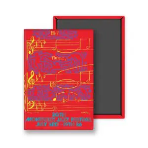 Un aimant vibrant, "Keith Haring et Andy Warhol, 1986", présente des notes de musique jaunes et un dessin abstrait au trait bleu sur fond rouge, inspiré par le 20e Festival de jazz de Montreux (du 3 au 19 juillet 1986).