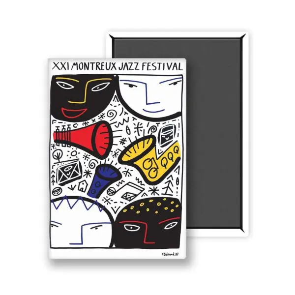 Aimant François Boisrond, 1987 : inspiré par l'affiche du XXIe Festival de jazz de Montreux, cet aimant présente des visages abstraits colorés, des instruments de musique et des motifs ludiques rouges, bleus, jaunes, noirs et blancs, avec le nom du festival en haut.