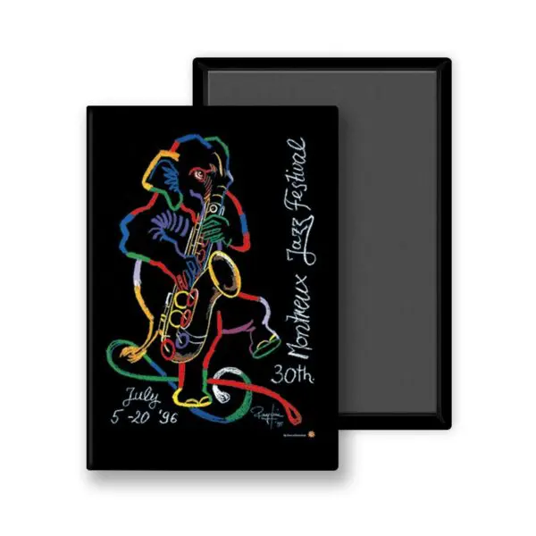 L'aimant Rolf Knie, 1996, présente un dessin abstrait vibrant d'un saxophoniste sur un fond noir, avec "Montreux Jazz Festival, 30th, July 5-20 96" en texte manuscrit blanc.