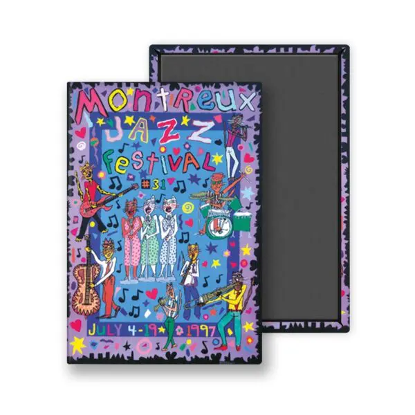 Magnet James Rizzi, 1997 : Aimant rectangulaire coloré pour le Montreux Jazz Festival #31 (4-19 juillet 1997), représentant les musiciens, les instruments, les étoiles et les notes de musique de James Rizzi sur un fond bleu et violet.
