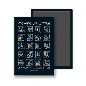 L'affiche Magnet Matthias Winkler, 2001 présente de vibrantes illustrations abstraites de musiciens sur 20 panneaux, avec "Montreux Jazz" et les dates du 6 au 21 juillet 2001 en texte blanc sur fond noir.