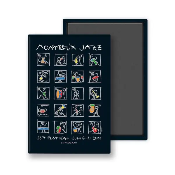 L'affiche Magnet Matthias Winkler, 2001 présente de vibrantes illustrations abstraites de musiciens sur 20 panneaux, avec "Montreux Jazz" et les dates du 6 au 21 juillet 2001 en texte blanc sur fond noir.
