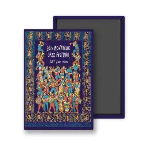 Aimant vibrant représentant l'art du Montreux Jazz Festival 2002 de Richard James North : musiciens stylisés, motifs audacieux en bleu, orange, jaune et rouge - un objet de collection qui attire l'attention des amateurs de musique.