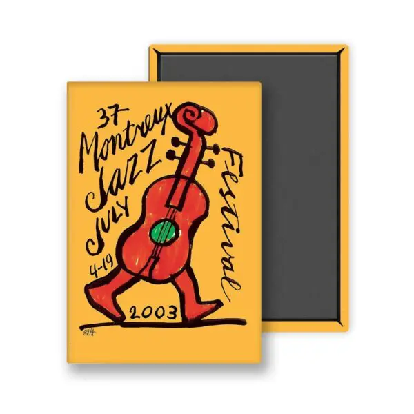 L'aimant Ted Scapa, 2003, représente un violoncelle fantaisiste à deux jambes sur un fond orange, avec "37 Montreux Jazz Festival, July 4-19, 2003" en écriture noire. Conçu par Ted Scapa.