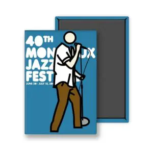 L'aimant Julian Opie, 2006 - Bleu, présente un chanteur de style Julian Opie avec un microphone et le texte "40th Montreux Jazz Fest, June 30 - July 15, 2006" sur un fond bleu.