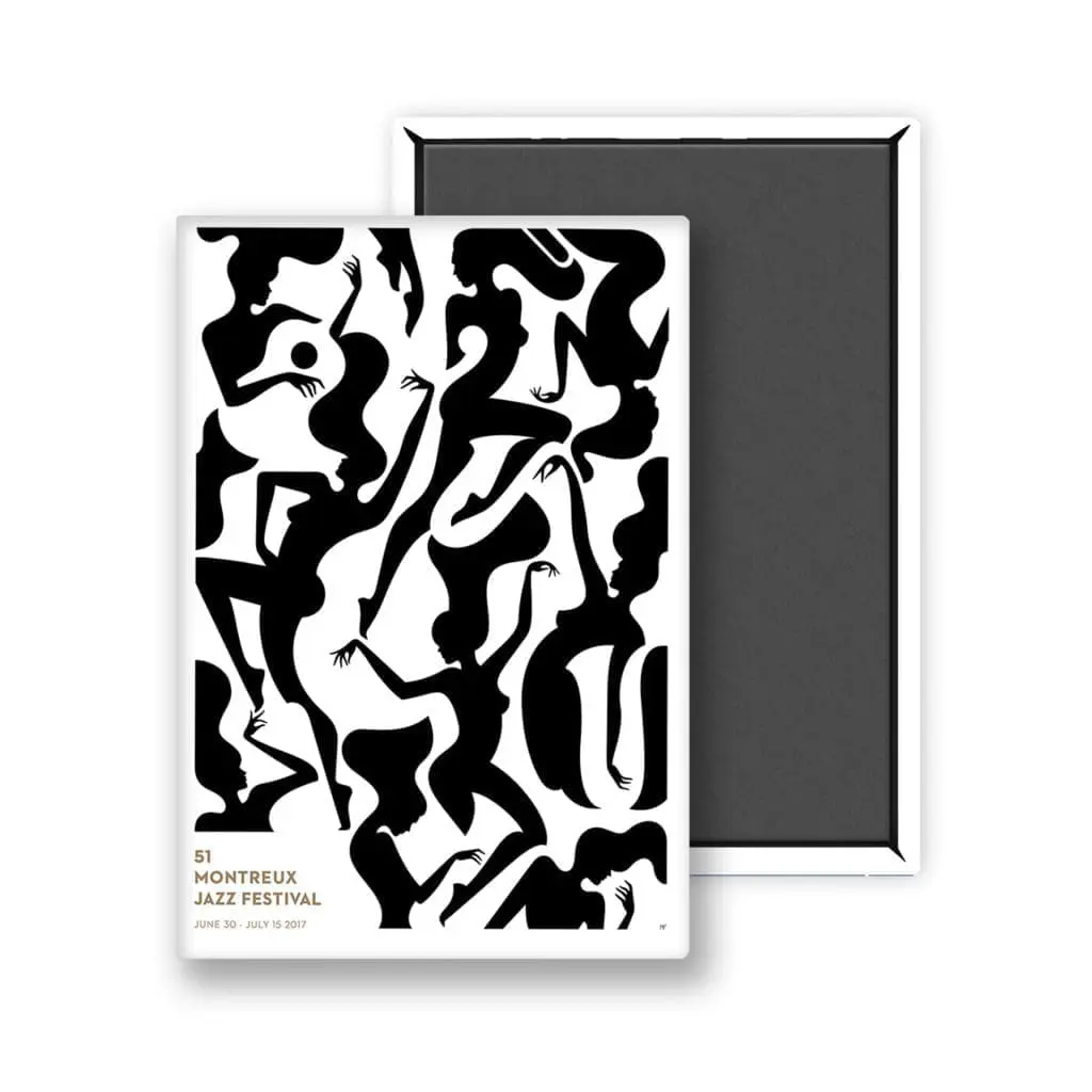Le Magnet Malika Favre, 2017, présente des silhouettes noires abstraites de danseurs sur un fond blanc avec des détails dorés, inspirés de l'affiche encadrée de Favre pour le 51e Festival de jazz de Montreux.