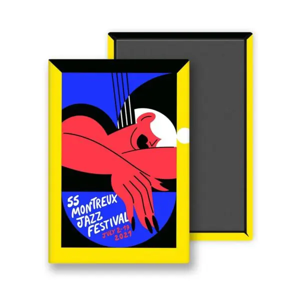 Le Magnet Marylou Faure, 2021 présente une figure abstraite avec des bras rouges et des cheveux noirs sur fond bleu, inspirée de l'affiche du 55e Festival de jazz de Montreux - parfait pour les fans de jazz et les amateurs d'art.