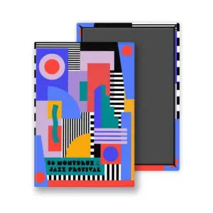 Un aimant vibrant pour le 56e Festival de Jazz de Montreux, conçu par Camille Walala en 2022, avec des formes géométriques audacieuses, des couleurs vives, des rayures et un style abstrait moderne, ainsi qu'un texte noir en bas.