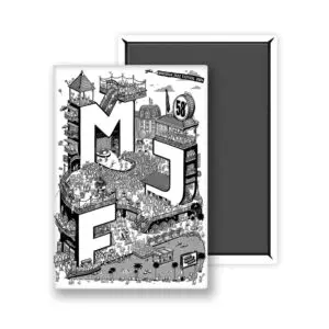 L'affiche Magnet Rylsee, 2024 est une illustration en noir et blanc pour le 58e Festival de Jazz de Montreux, avec des lettres en gras MJF, la foule du festival, des musiciens, des bâtiments et des informations sur l'événement Montreux 2024 en haut.