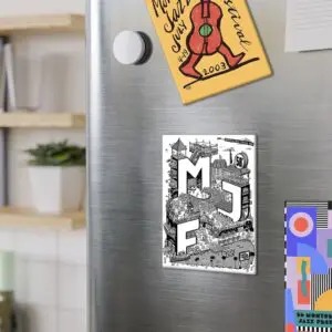 A kitchen refrigerator displays three colorful magnets: a yellow festival flyer with a guitar, a black and white illustrated postcard labeled MJF, and the Magnet Giuseppe Pino, 1967 geometric card partially visible on the right.