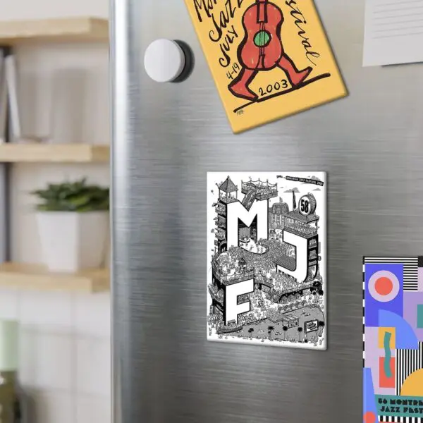 A kitchen refrigerator displays three colorful magnets: a yellow festival flyer with a guitar, a black and white illustrated postcard labeled MJF, and the Magnet Giuseppe Pino, 1967 geometric card partially visible on the right.