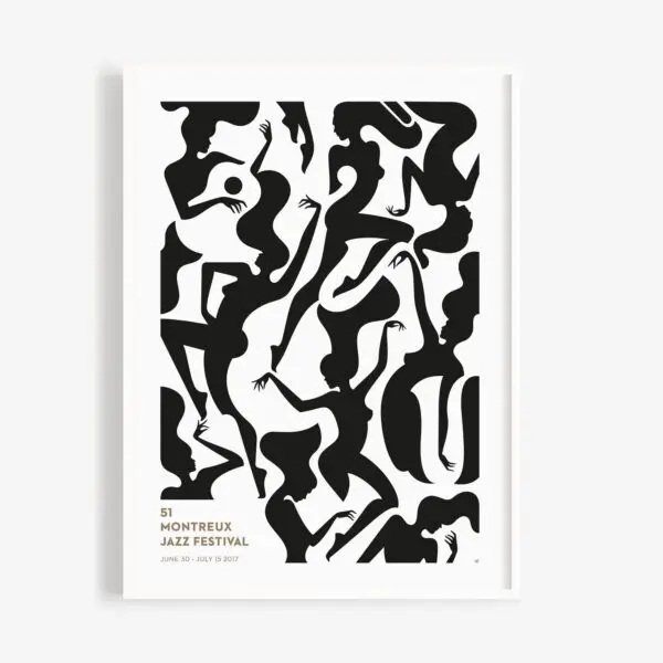 The Poster Malika Favre, 2017 features black silhouettes of dancers and musicians on white, with gold and black text celebrating the 51st Montreux Jazz Festival, June 30 – July 15, 2017.