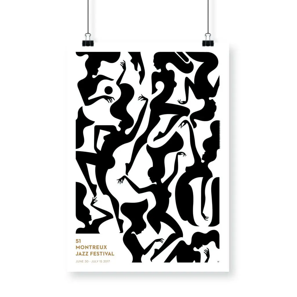 L'Affiche Malika Favre, 2017 présente des silhouettes noires abstraites dansant sur un fond blanc, avec les détails de l'événement en or en bas à gauche. Cette affiche a été créée pour le 51e Festival de jazz de Montreux.