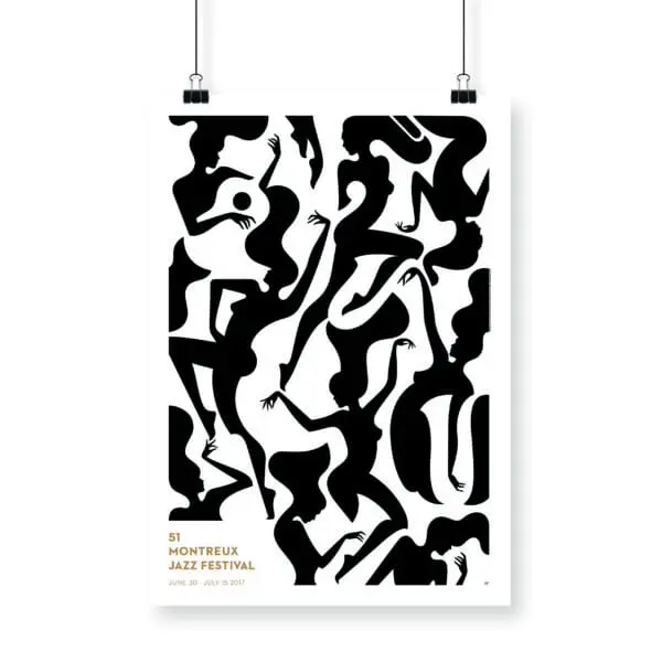The Poster Malika Favre, 2017, depicts black abstract silhouettes of dancers and musicians, with event details in gold and black text at the bottom left.