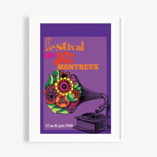 Poster Roger Bornand, 1968: Features a vibrant floral gramophone on a purple background with the text “Festival de Jazz Montreux, 12 au 16 juin 1968.”.