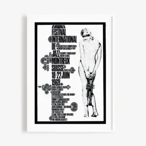 L'affiche en noir et blanc du Festival de Jazz de Montreux 1969 représente un personnage nu tenant une trompette, avec un texte stylisé en gras détaillant les dates du festival, son emplacement à Montreux, en Suisse, et les artistes qui s'y produisent.