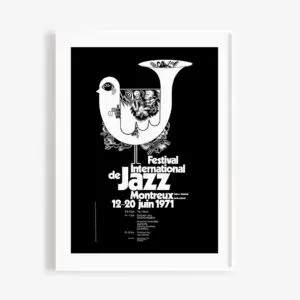 Poster Bruno Gaeng, 1971: Black and white design for the Montreux Jazz Festival with a stylized bird, abstract patterns, and bold French text showing event name, location, and dates (June 12–20, 1971).