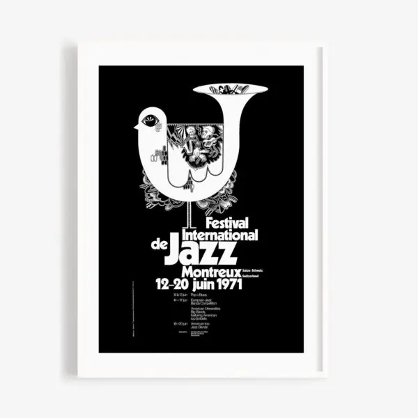 Poster Bruno Gaeng, 1971: Black and white design for the Montreux Jazz Festival with a stylized bird, abstract patterns, and bold French text showing event name, location, and dates (June 12–20, 1971).