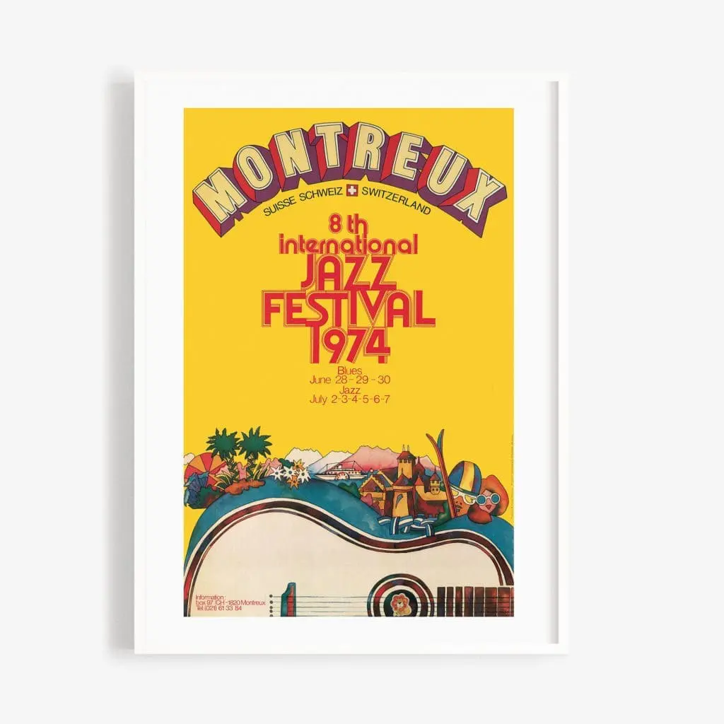 Affiche Bruno Gaeng, 1974 : Texte jaune et rouge en gras au-dessus d'une illustration de guitare colorée, sur fond de village animé avec des arbres, des maisons et des gens, créé pour le 8e Festival international de jazz de Montreux.