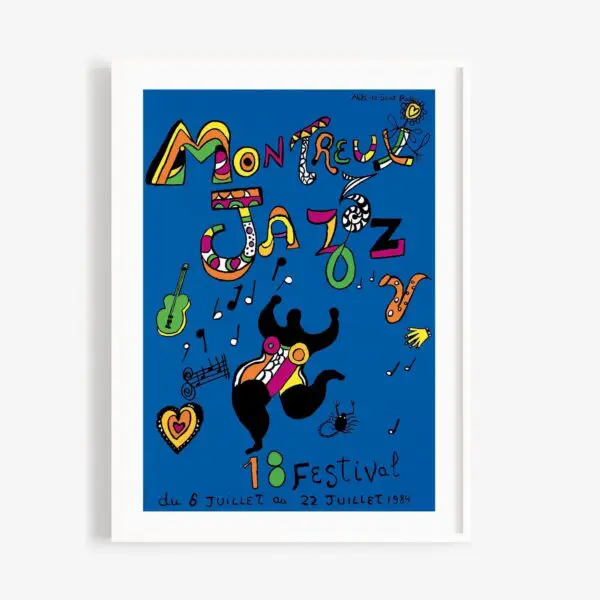 Bright and playful, the Poster Niki de Saint Phalle, 1984 features multicolored lettering, musical notes, instruments, a dancing figure, and bold designs on a deep blue background inspired by the Montreux Jazz Festival.