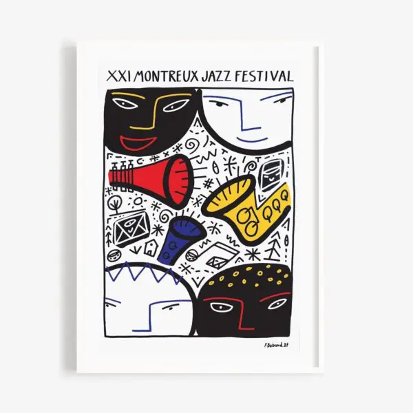 Poster François Boisrond, 1987: Bold Montreux Jazz Festival poster with abstract faces, musical instruments, and colorful playful patterns. Art by F. Boisrond.