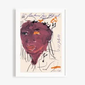 A framed abstract "Poster Luciano Castelli, 1989" with a stylized purple and orange portrait, sketchy black lines, text "28e Montreux Jazz Festival 17-22 July 94," and a signature at the bottom right.
