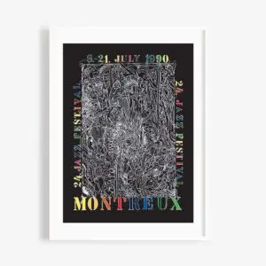 Poster Bernhard Luginbühl, 1990: Features abstract white line art of musicians on a black background, colorful text with “6-21 July 1990” and “24. Jazz Festival Montreux,” inspired by the Montreux Jazz Festival.