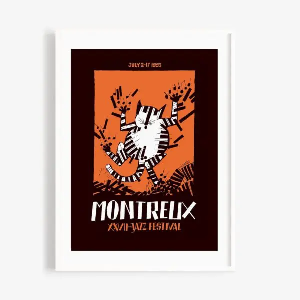 Poster Tomi Ungerer, 1993: features a stylized white cat with piano key stripes on an orange background, playfully raising its paws. Bold, geometric lettering completes this striking Montreux Jazz Festival artwork.