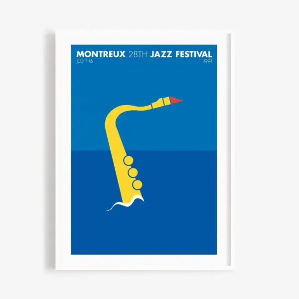 Affiche minimaliste pour le 28e Festival de Jazz de Montreux 1994, représentant un saxophone jaune stylisé comme une main avec des touches rondes sur un fond bleu, et les détails de l'événement en texte blanc dans la partie supérieure.