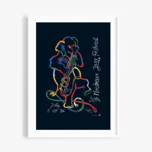 Poster Rolf Knie, 1996 features a vibrant abstract line drawing of a saxophonist, with "Montreux Jazz Festival 30th" and "July 5-20 96" in white on a dark background. Framed in white.