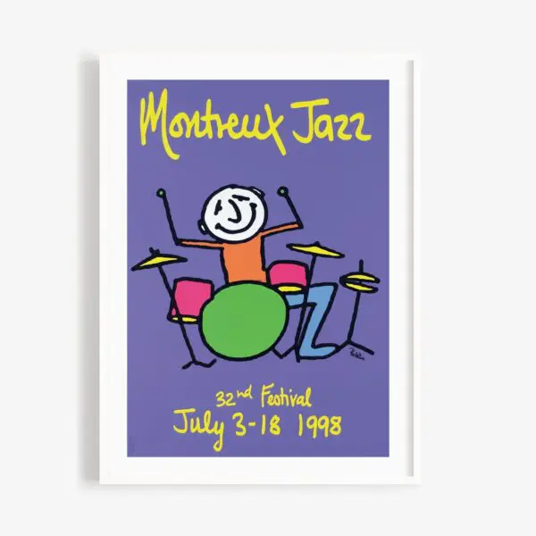 The Poster Phil Collins, 1998 showcases a childlike drawing of a smiling drummer on a purple background for the Montreux Jazz 32nd Festival, held July 3-18, 1998. Inspired by Phil Collins, it captures the festival's vibrant energy.