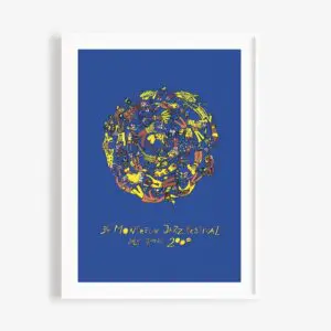 Poster Albin Christen, 2000: A vibrant circular illustration of abstract musicians and instruments on a blue background, with playful yellow text reading "34e Montreux Jazz Festival, July 7-22, 2000" at the bottom.