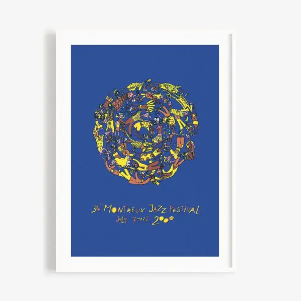 Poster Albin Christen, 2000: A vibrant circular illustration of abstract musicians and instruments on a blue background, with playful yellow text reading "34e Montreux Jazz Festival, July 7-22, 2000" at the bottom.