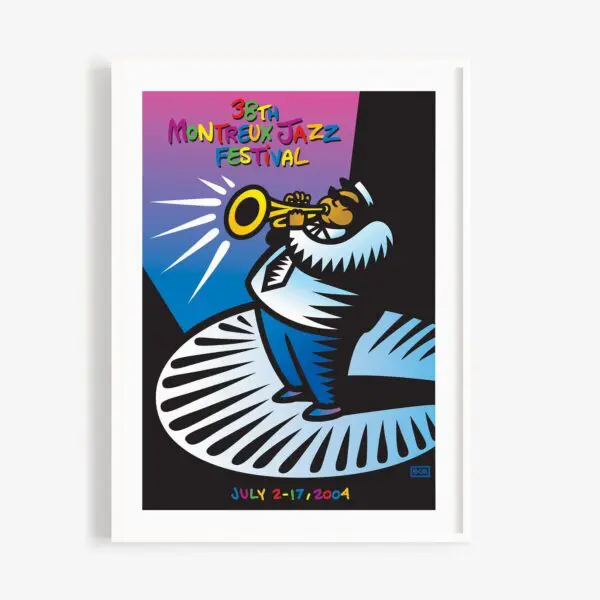Poster Burton Morris, 2004: Limited Edition for the 38th Montreux Jazz Festival depicts a stylized trumpet player on piano keys with colorful text and festival dates, July 2–17, 2004, on a gradient blue, pink, and purple background.