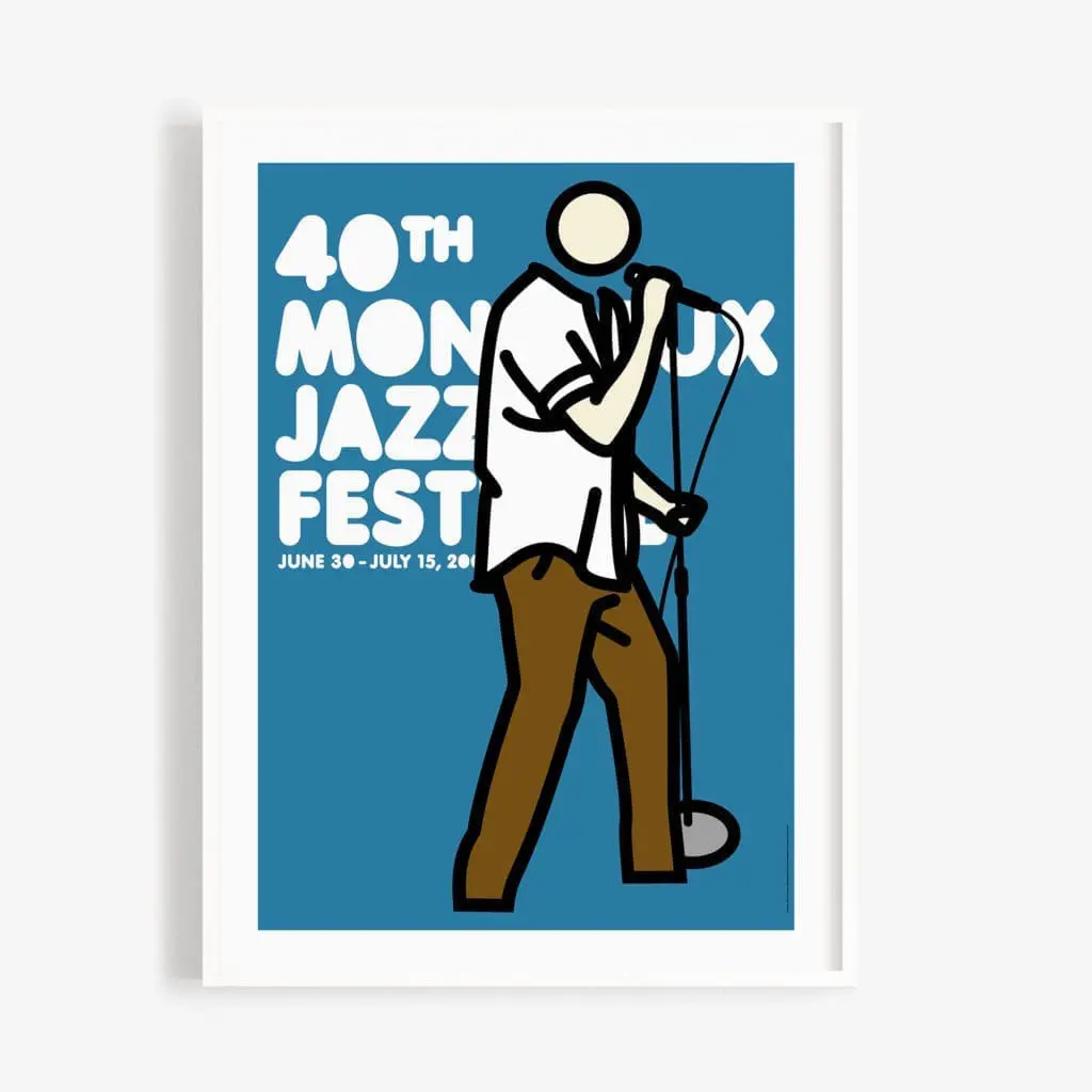 The "Poster Julian Opie, 2006 - Blue" features a minimalist design of a person singing into a mic on a blue background, with white text: 40th Montreux Jazz Fest, June 30 - July 15, 2006.