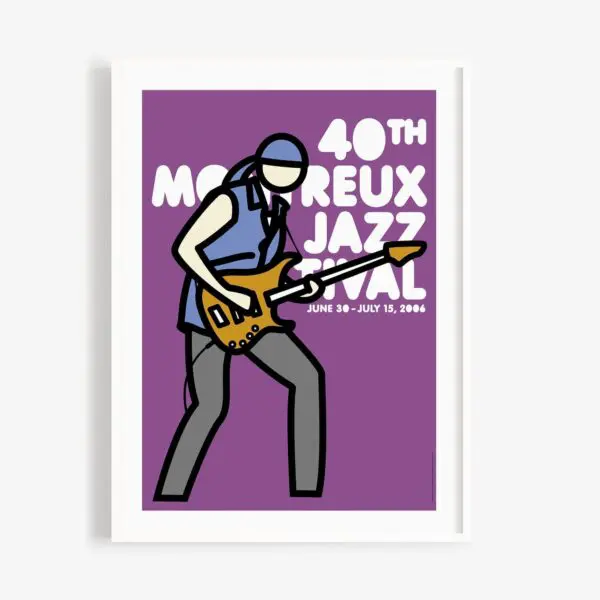 Poster Julian Opie, 2006 - Purple: Features a stylized figure with electric guitar on a purple background. Text: 40th Montreux Jazz Festival, June 30 - July 15, 2006.
