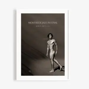 Poster Greg Gorman, 2012: A sepia-toned Montreux Jazz Festival poster shows a nude man on sand with “LISTEN” above. Event dates are June 29–July 14, 2012; the number 46 appears in the lower corner.