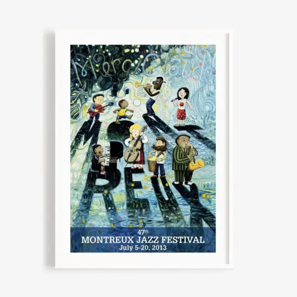 Poster Oscar Oiwa, 2013: Illustrated musicians play atop bold black "MUSIC" letters. Below is text: 47th Montreux Jazz Festival, July 5-20, 2013. Features a colorful, abstract background.