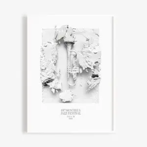 Poster Yoann Lemoine (Woodkid), 2014: A white poster displays an abstract trumpet among fragmented shapes. Text below reads: 48th Montreux Jazz Festival, July 4-19, 2014.